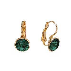 Gold Swarovski Crystal Round Leverback Earrings Emerald Sparkle NWT